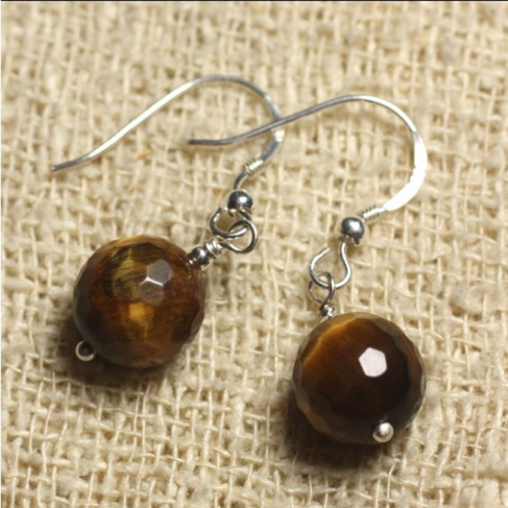 925 Silver Earrings - Faceted Tiger Eye 10mm